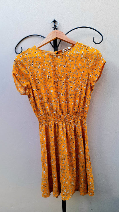 Orange Cream Flower Print Viscose Button Tea Dress