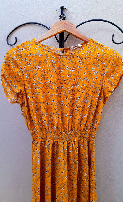 Orange Cream Flower Print Viscose Button Tea Dress