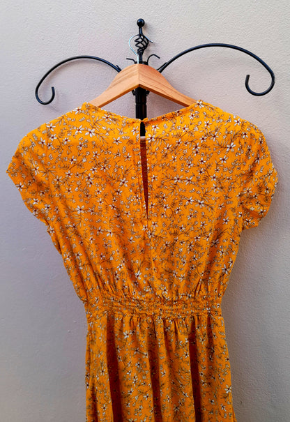 Orange Cream Flower Print Viscose Button Tea Dress