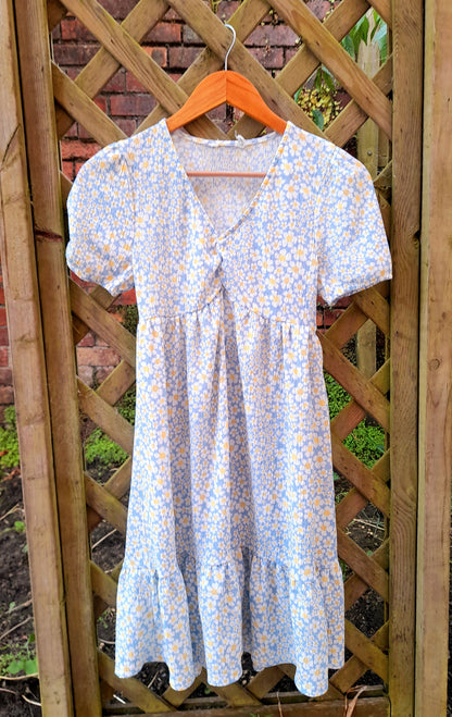 Daisy Flower Print Vintage Puff Sleeve Midi Tea Dress