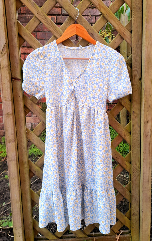 Daisy Flower Print Vintage Puff Sleeve Midi Tea Dress