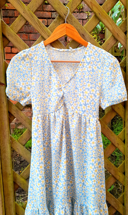 Daisy Flower Print Vintage Puff Sleeve Midi Tea Dress