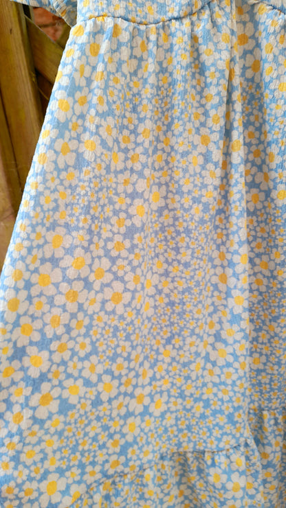 Daisy Flower Print Vintage Puff Sleeve Midi Tea Dress