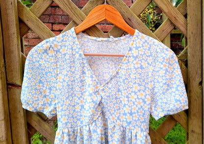 Daisy Flower Print Vintage Puff Sleeve Midi Tea Dress