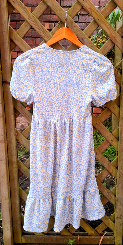 Daisy Flower Print Vintage Puff Sleeve Midi Tea Dress
