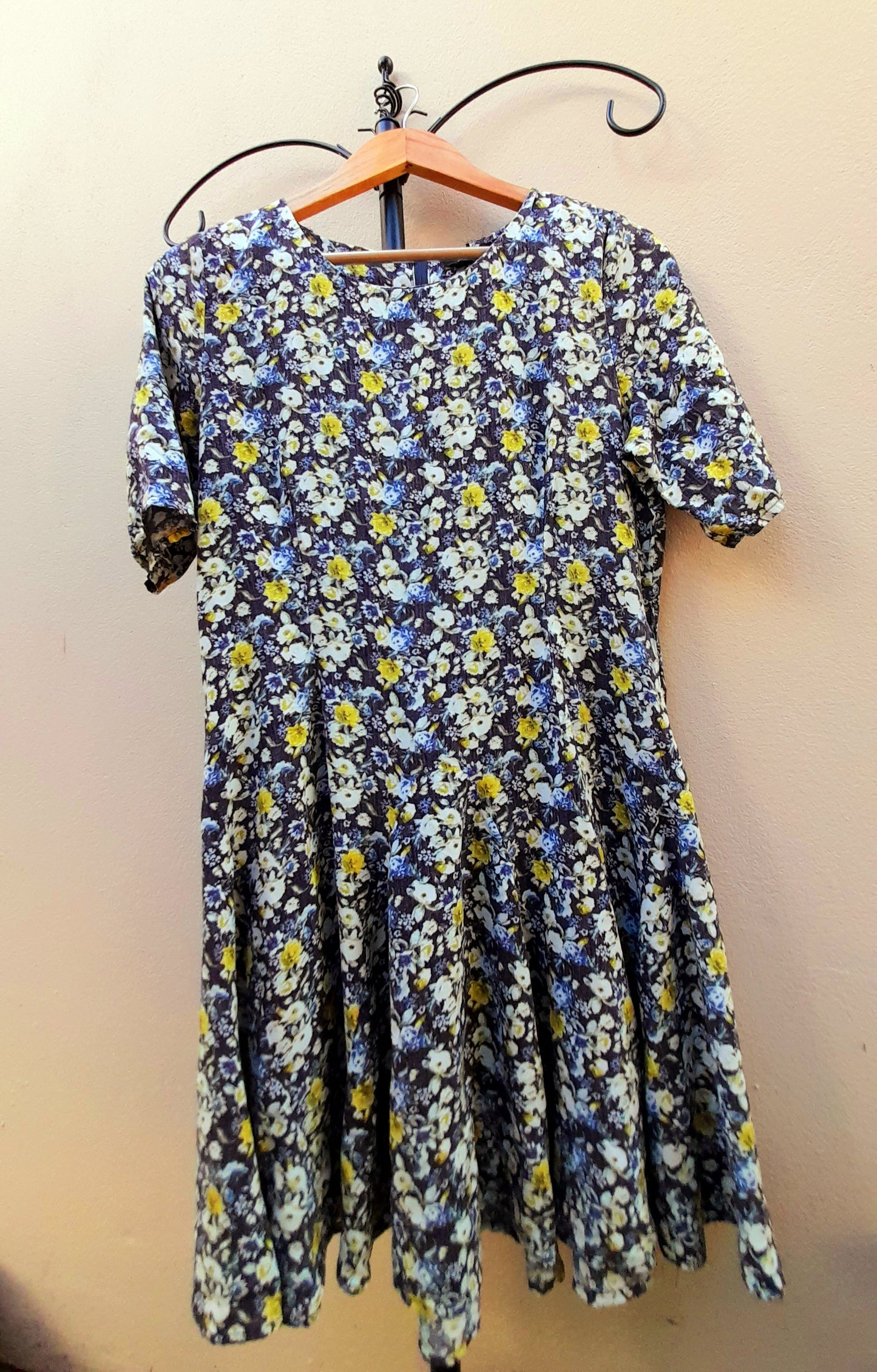 Navy Yellow Rose Print Vintage Viscose Fit & Flare Midi Dress