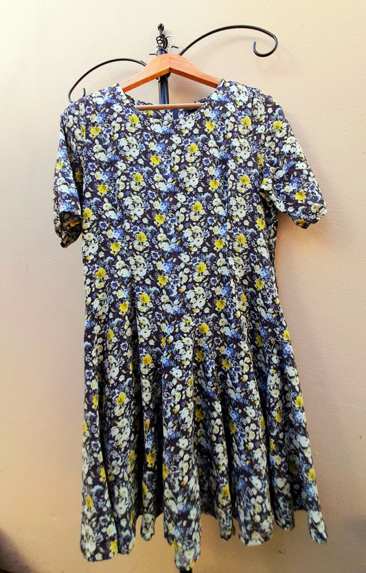 Navy Yellow Rose Print Vintage Viscose Fit & Flare Midi Dress