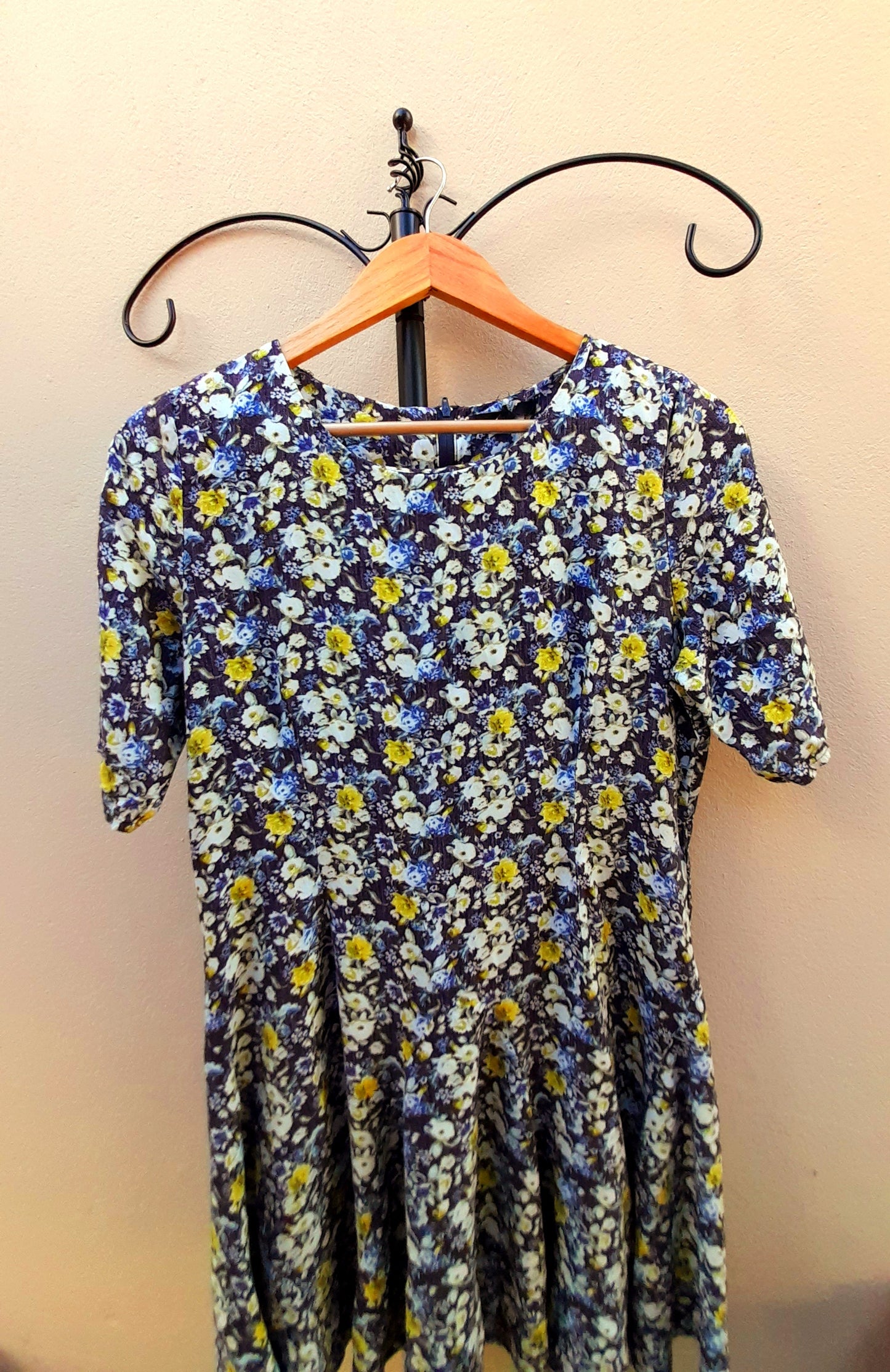 Navy Yellow Rose Print Vintage Viscose Fit & Flare Midi Dress