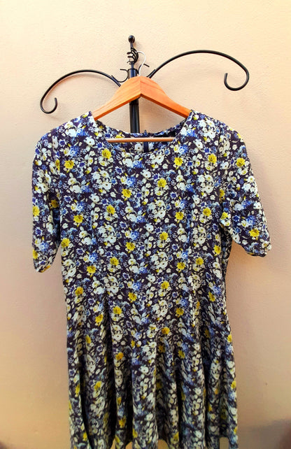 Navy Yellow Rose Print Vintage Viscose Fit & Flare Midi Dress