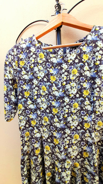 Navy Yellow Rose Print Vintage Viscose Fit & Flare Midi Dress