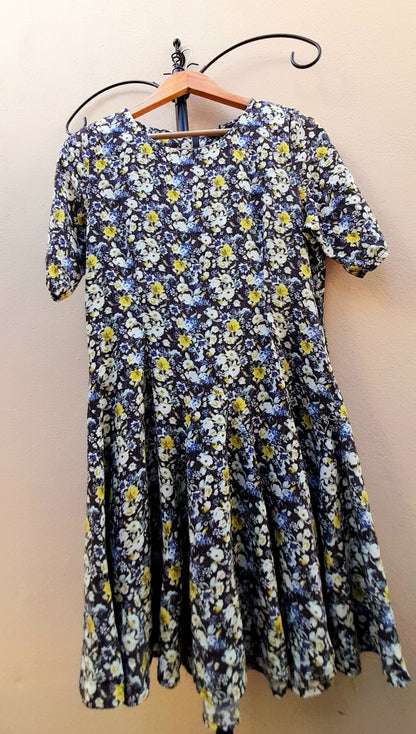 Navy Yellow Rose Print Vintage Viscose Fit & Flare Midi Dress