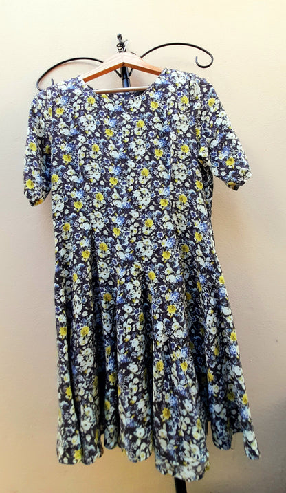 Navy Yellow Rose Print Vintage Viscose Fit & Flare Midi Dress