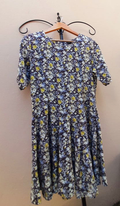 Navy Yellow Rose Print Vintage Viscose Fit & Flare Midi Dress