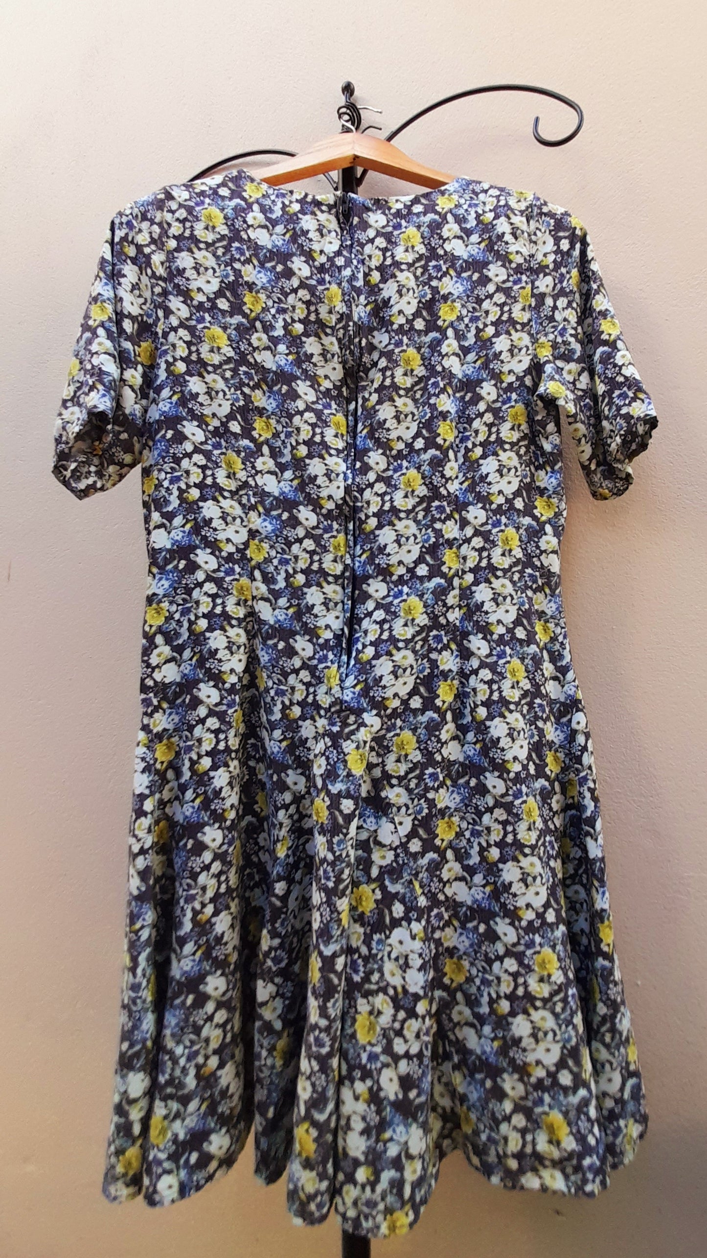 Navy Yellow Rose Print Vintage Viscose Fit & Flare Midi Dress