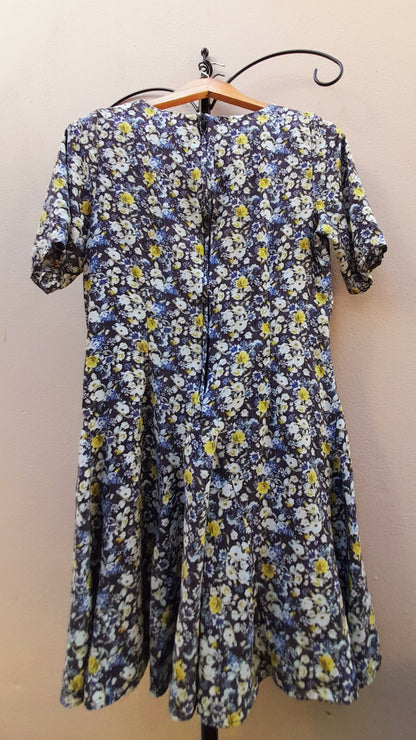Navy Yellow Rose Print Vintage Viscose Fit & Flare Midi Dress
