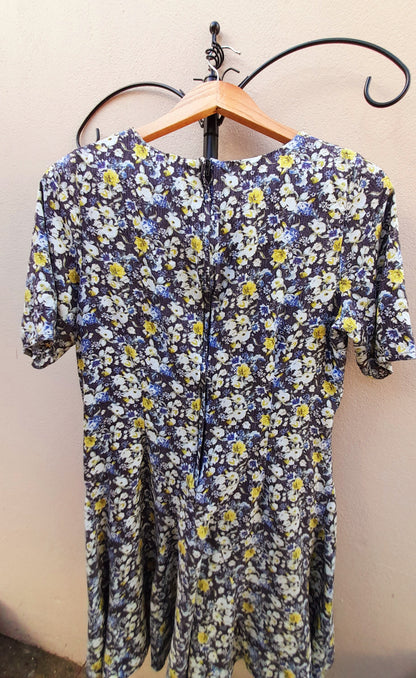 Navy Yellow Rose Print Vintage Viscose Fit & Flare Midi Dress