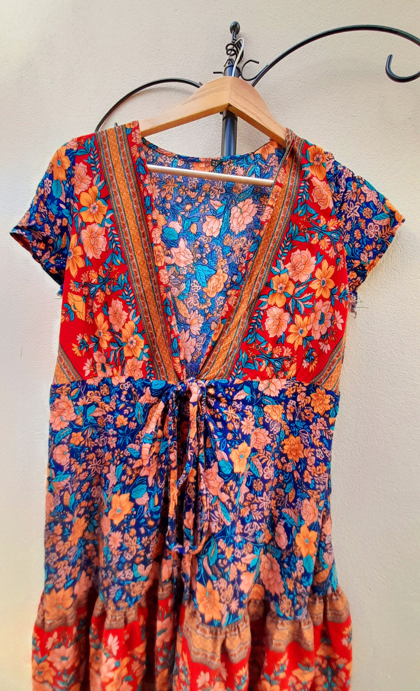 Vintage 90s Red Multicoloured Floral Rayon Wrap Mini Dress