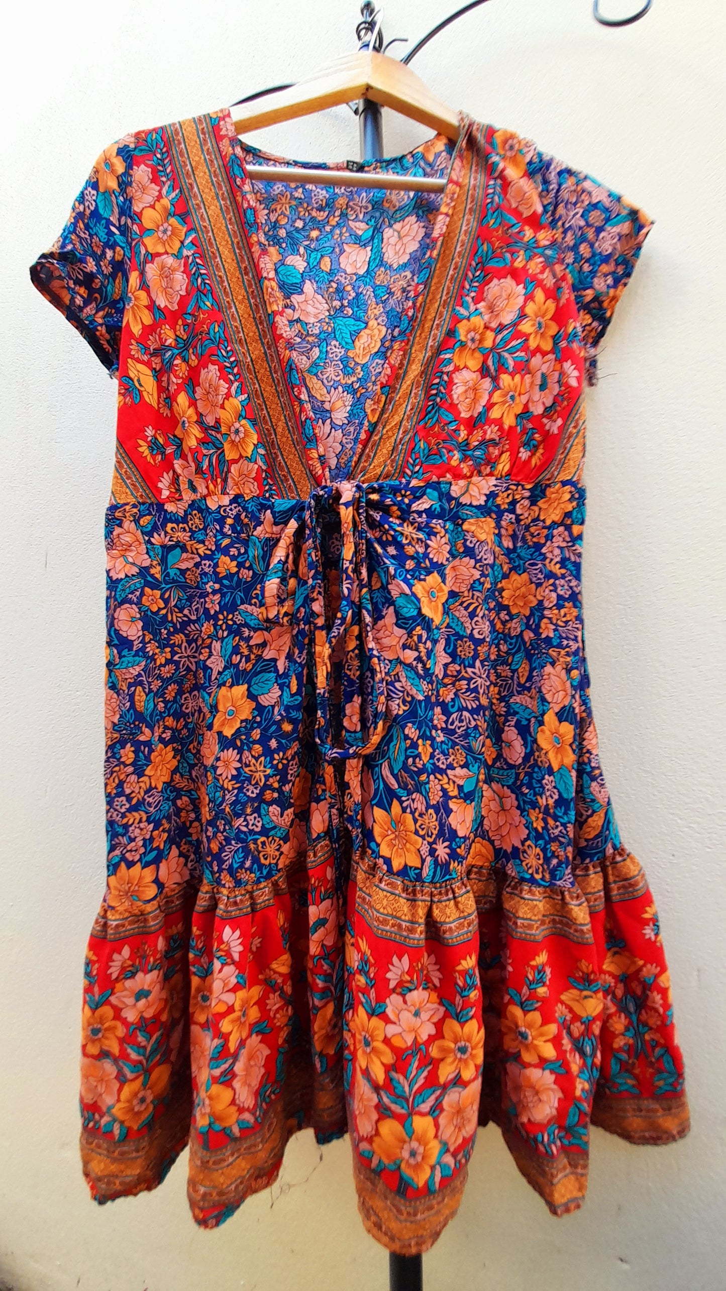 Vintage 90s Red Multicoloured Floral Rayon Wrap Mini Dress