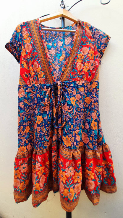 Vintage 90s Red Multicoloured Floral Rayon Wrap Mini Dress
