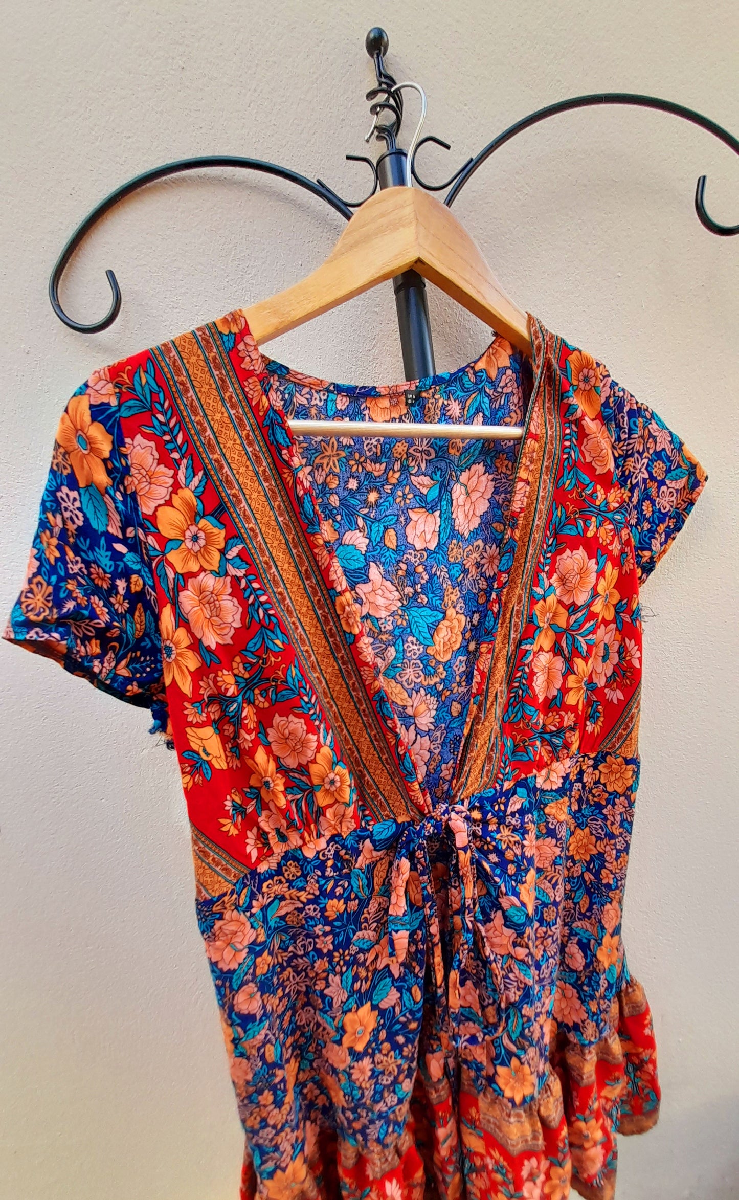 Vintage 90s Red Multicoloured Floral Rayon Wrap Mini Dress
