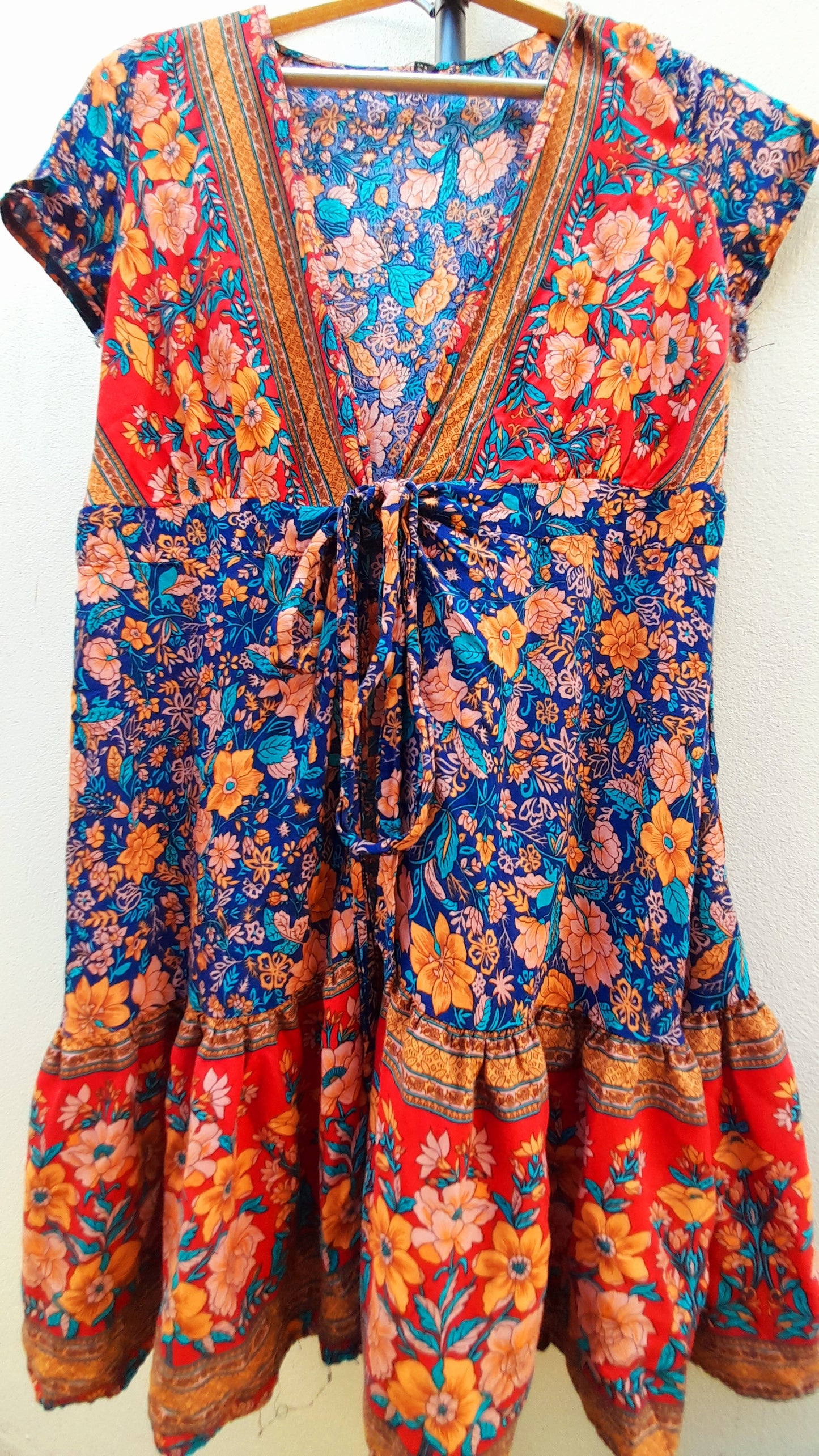 Vintage 90s Red Multicoloured Floral Rayon Wrap Mini Dress