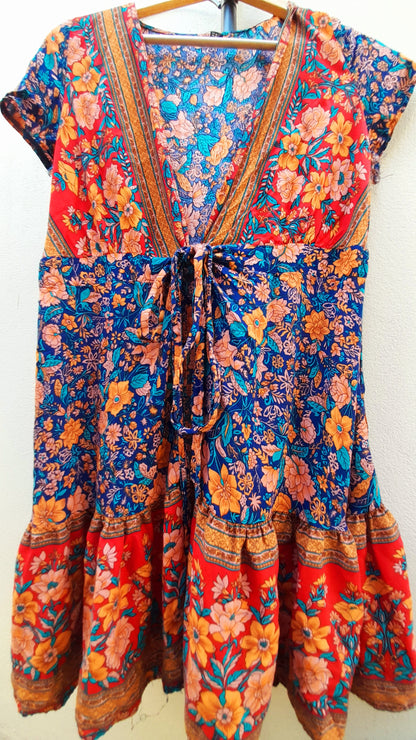 Vintage 90s Red Multicoloured Floral Rayon Wrap Mini Dress