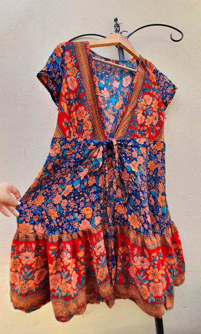 Vintage 90s Red Multicoloured Floral Rayon Wrap Mini Dress
