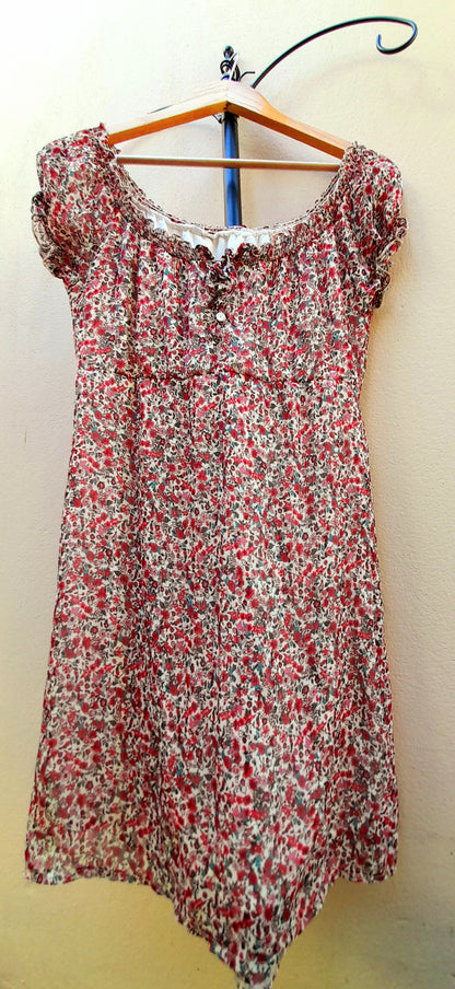 Vintage Y2K Dark Pink Cream Ditsy Rose Chiffon Button Dress