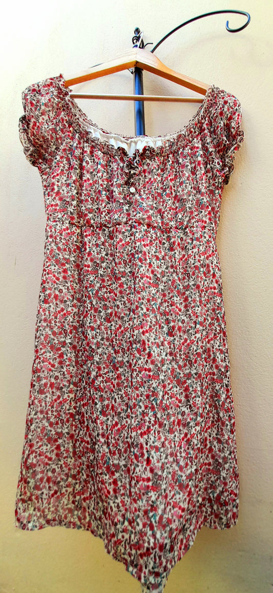 Vintage Y2K Dark Pink Cream Ditsy Rose Chiffon Button Dress