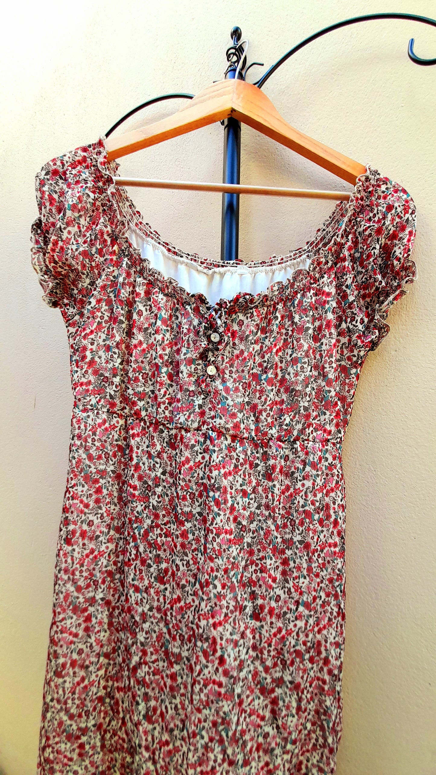 Vintage Y2K Dark Pink Cream Ditsy Rose Chiffon Button Dress