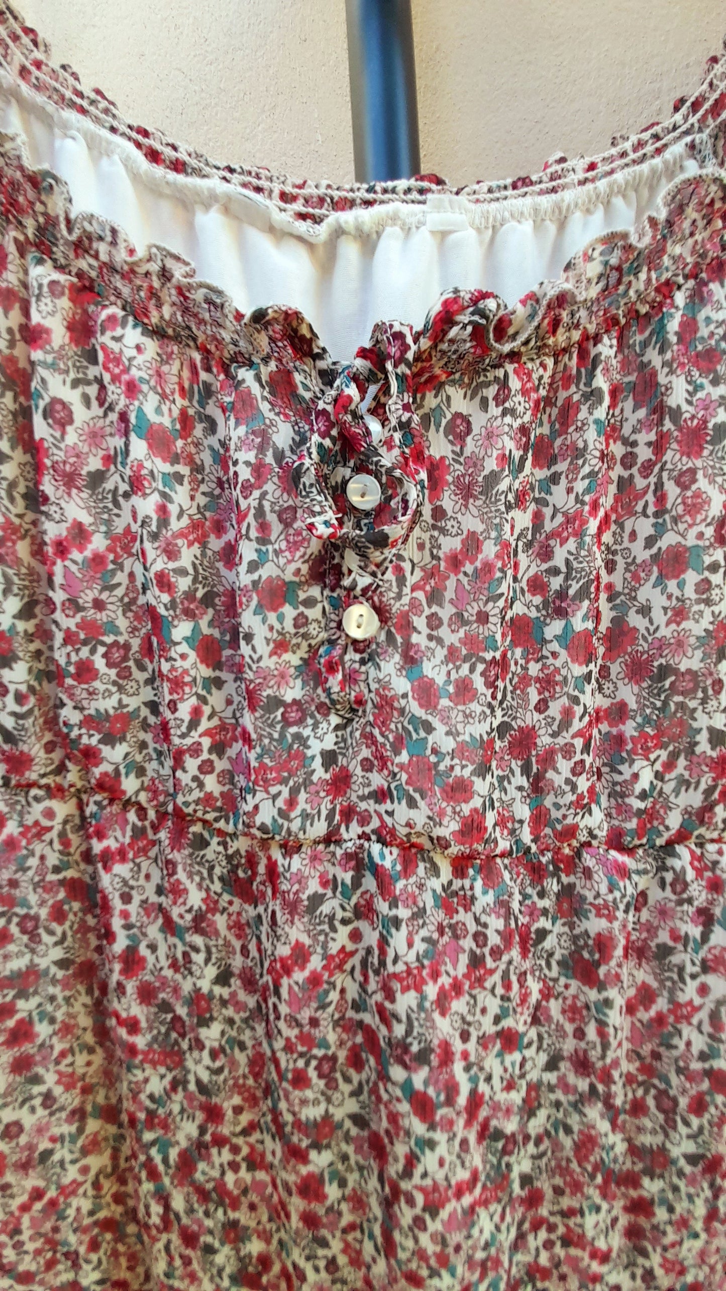 Vintage Y2K Dark Pink Cream Ditsy Rose Chiffon Button Dress