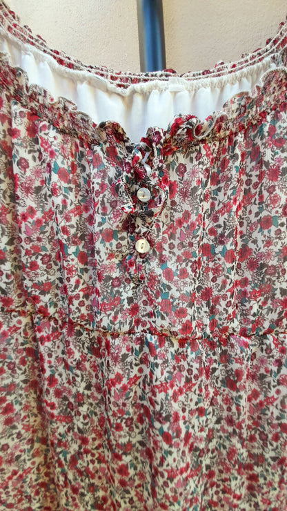Vintage Y2K Dark Pink Cream Ditsy Rose Chiffon Button Dress