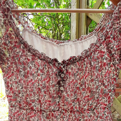 Vintage Y2K Dark Pink Cream Ditsy Rose Chiffon Button Dress