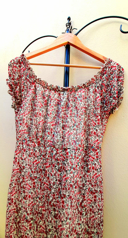 Vintage Y2K Dark Pink Cream Ditsy Rose Chiffon Button Dress