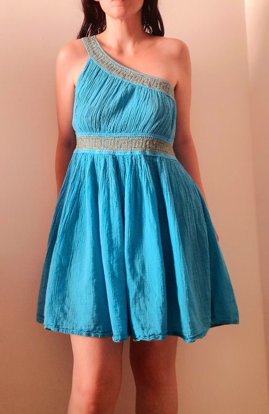 Turquoise Gold Embroidered Grecian Style Asymmetric Vintage Cotton Mini Dress