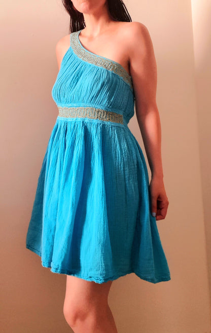 Turquoise Gold Embroidered Grecian Style Asymmetric Vintage Cotton Mini Dress