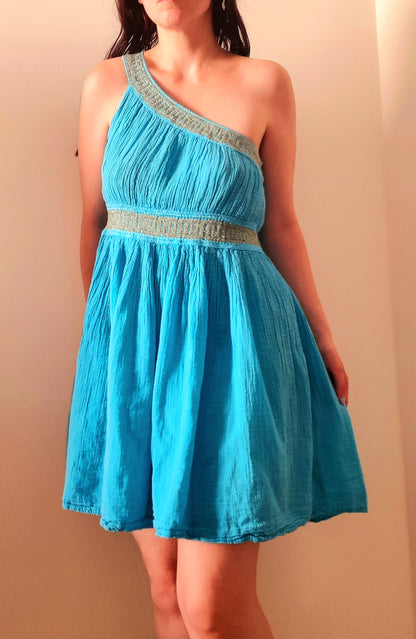 Turquoise Gold Embroidered Grecian Style Asymmetric Vintage Cotton Mini Dress