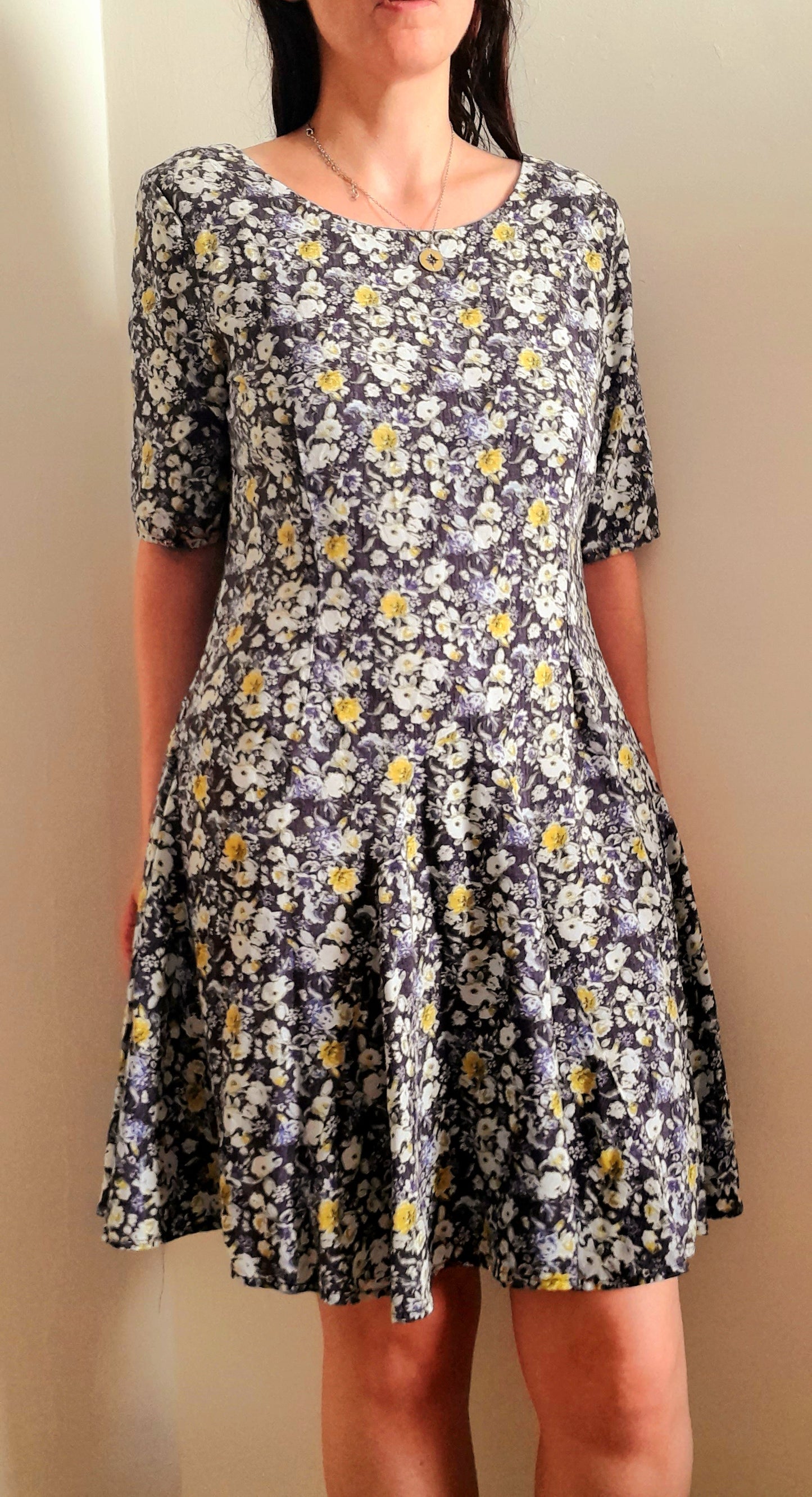 Navy Yellow Rose Print Vintage Viscose Fit & Flare Midi Dress