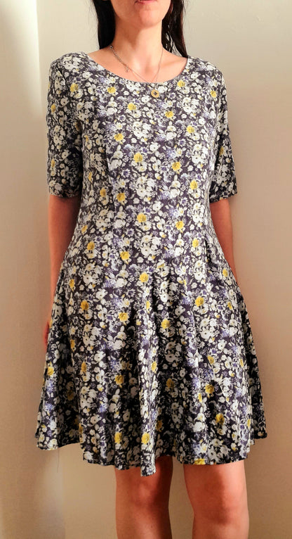 Navy Yellow Rose Print Vintage Viscose Fit & Flare Midi Dress