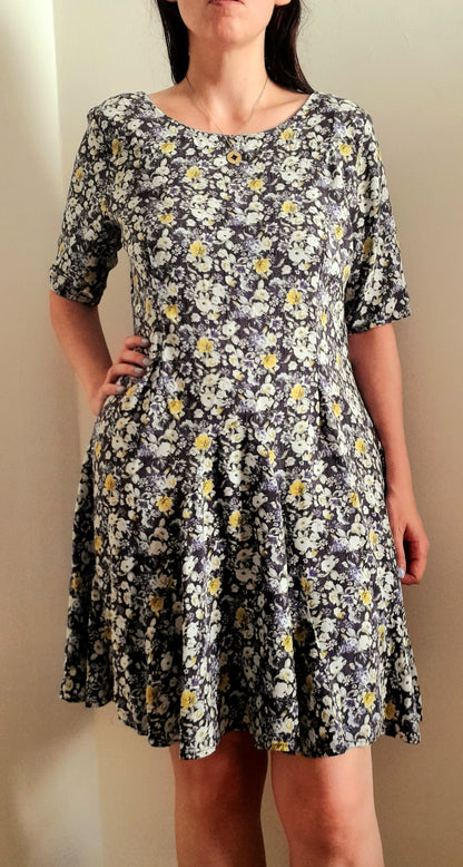 Navy Yellow Rose Print Vintage Viscose Fit & Flare Midi Dress