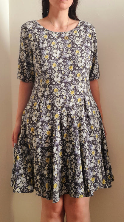 Navy Yellow Rose Print Vintage Viscose Fit & Flare Midi Dress