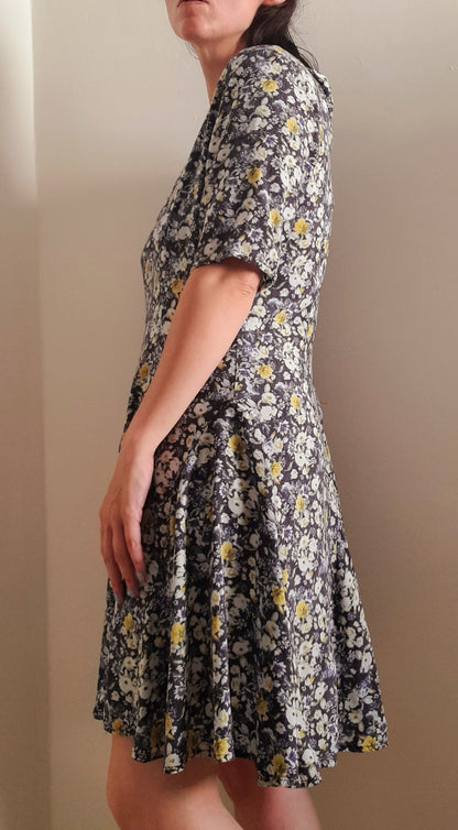Navy Yellow Rose Print Vintage Viscose Fit & Flare Midi Dress