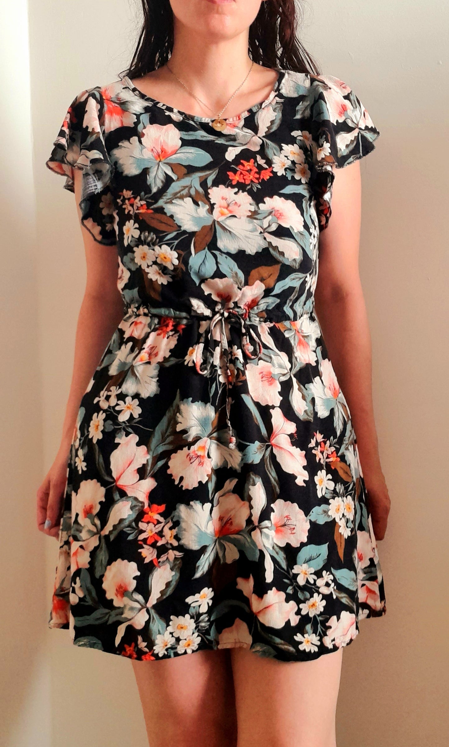 Vintage 80s Black Tropical Flower Viscose Drawstring Dress
