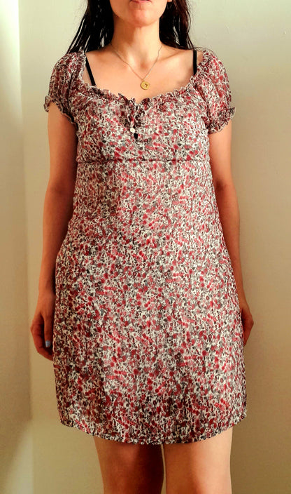 Vintage Y2K Dark Pink Cream Ditsy Rose Chiffon Button Dress