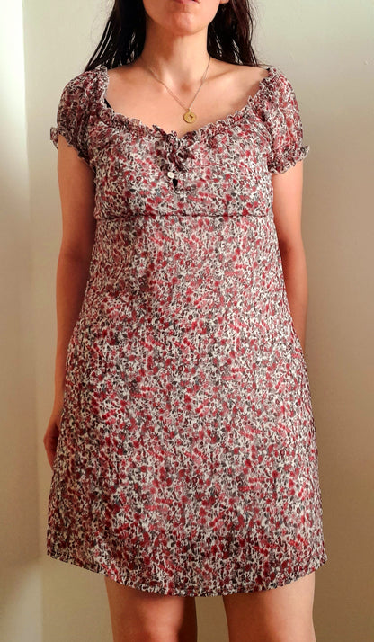 Vintage Y2K Dark Pink Cream Ditsy Rose Chiffon Button Dress