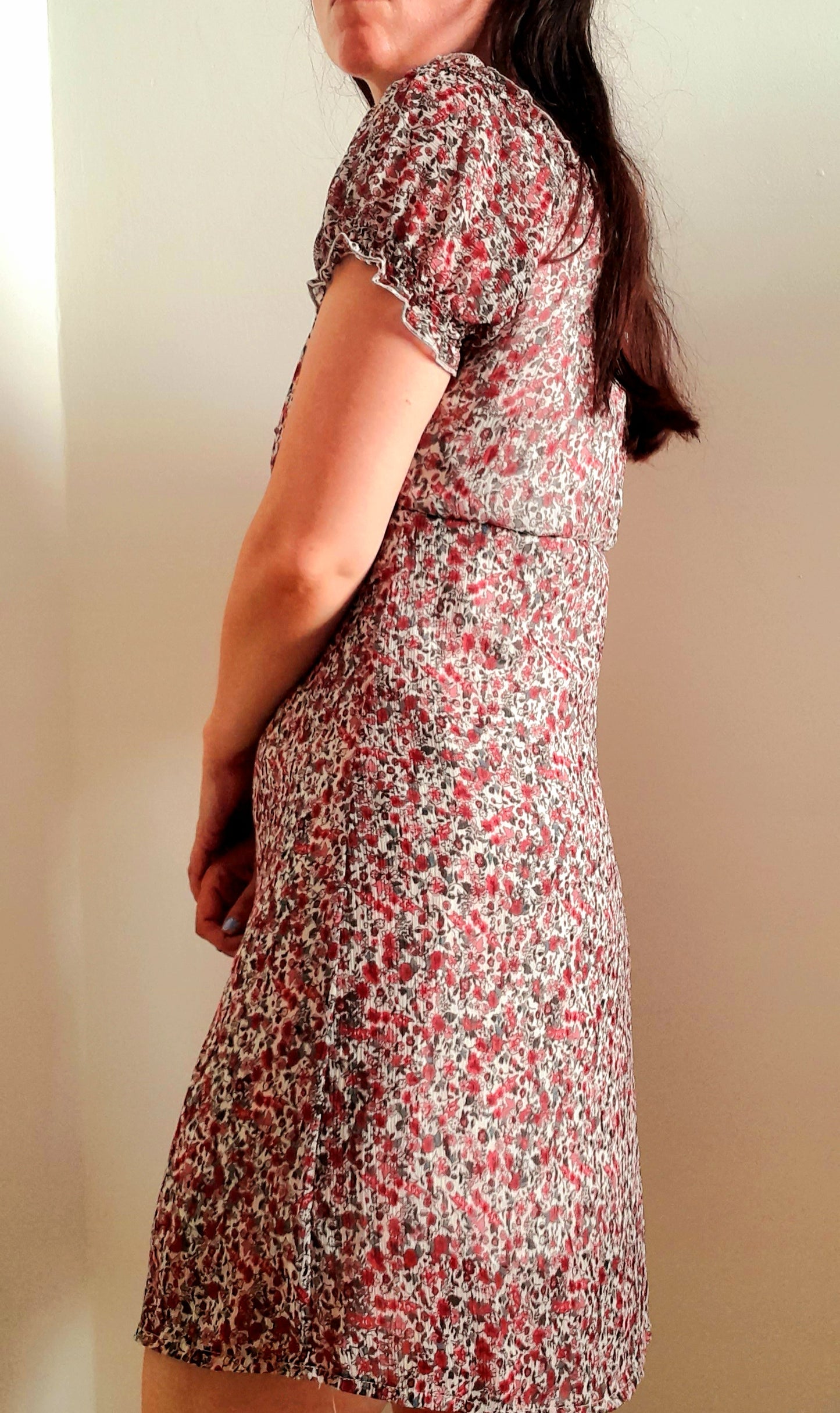 Vintage Y2K Dark Pink Cream Ditsy Rose Chiffon Button Dress