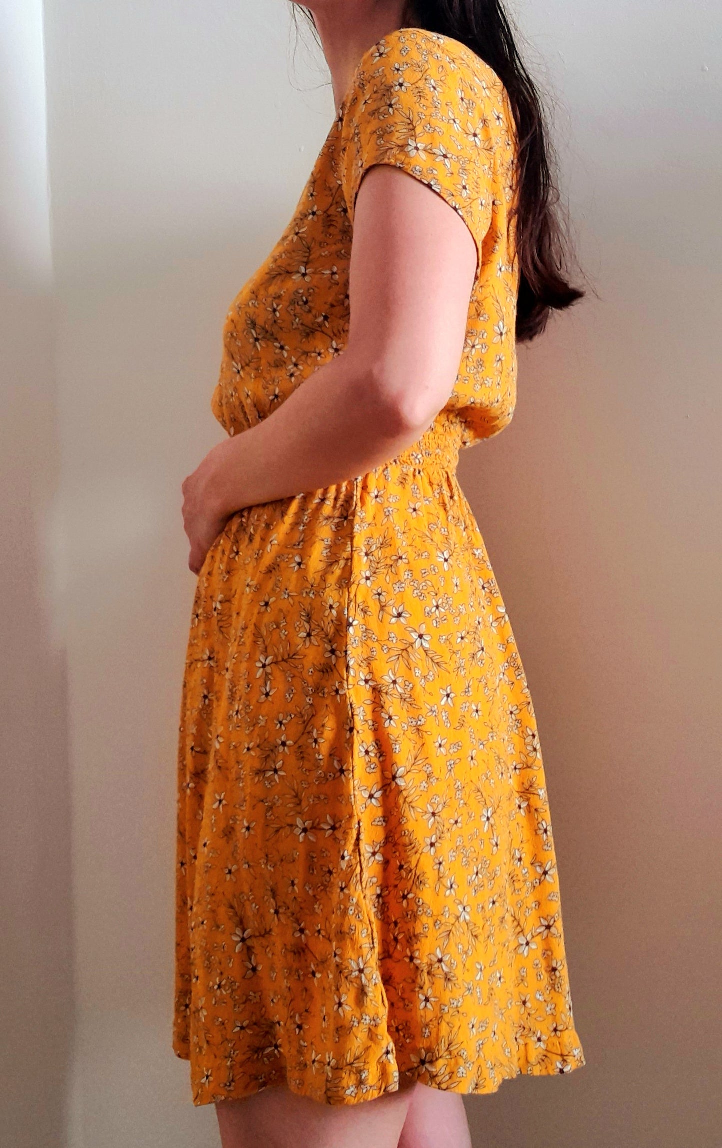 Orange Cream Flower Print Viscose Button Tea Dress