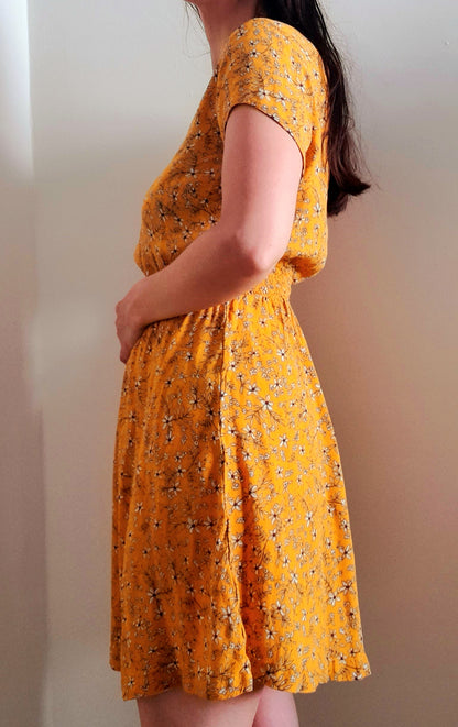 Orange Cream Flower Print Viscose Button Tea Dress