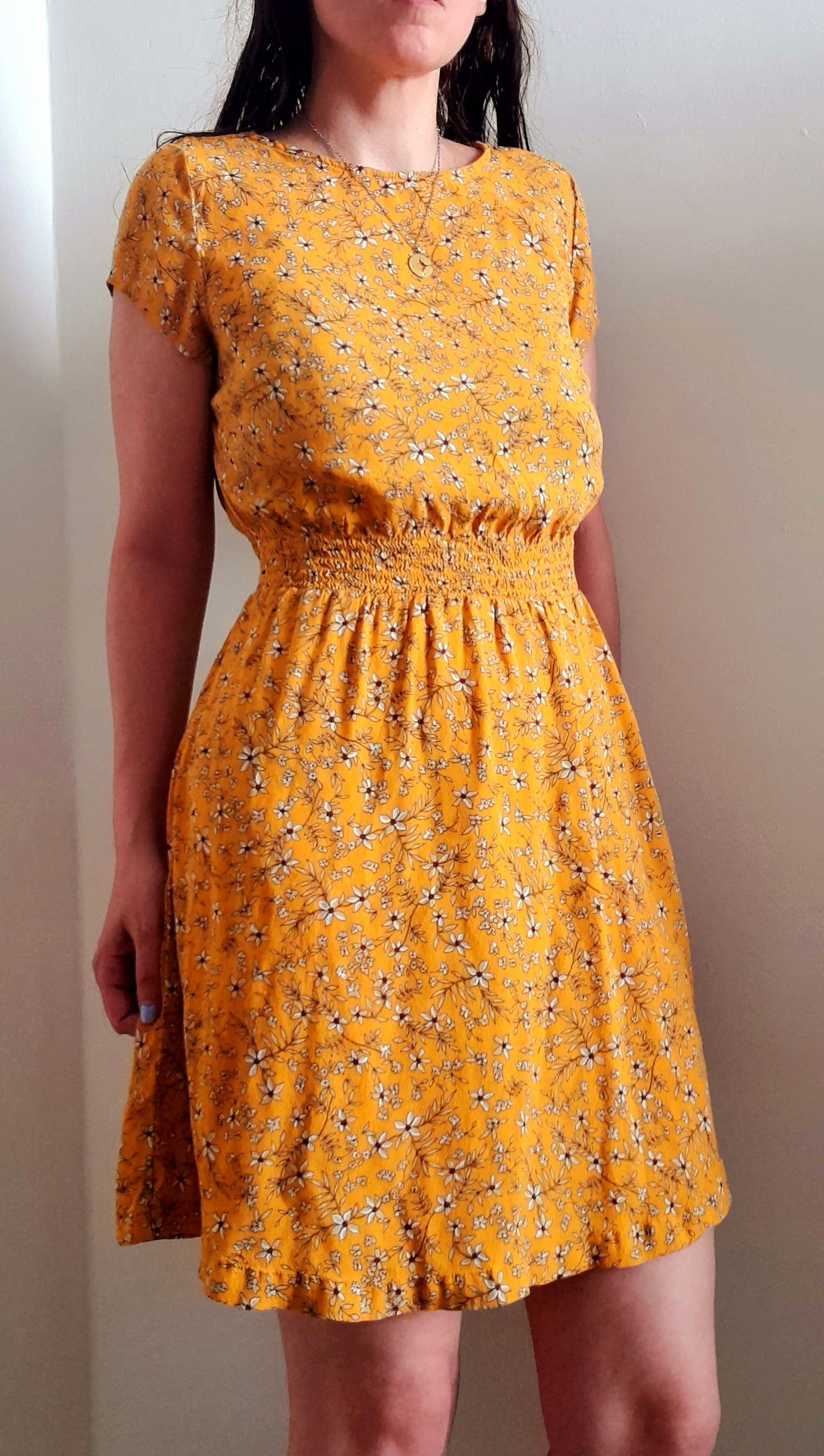 Orange Cream Flower Print Viscose Button Tea Dress