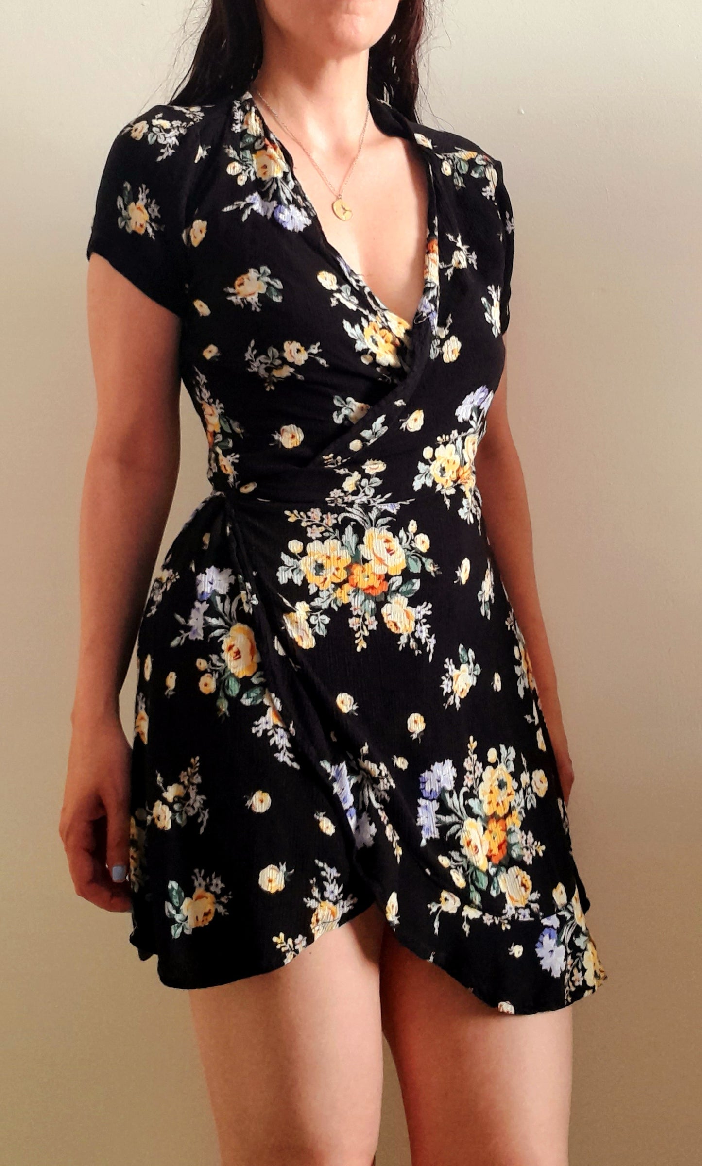 Vintage Black Yellow Blue Viscose Wrap Mini Dress